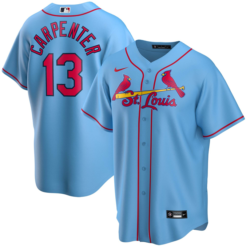 2020 MLB Men St. Louis Cardinals 13 Matt Carpenter Nike Light Blue Alternate 2020 Replica Player Jersey 1